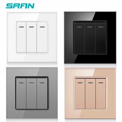 China SRAN Stylish Wholesale British White Color Tempered Glass Plate 3 Strip 1 2 Way Press Wall Switch for sale