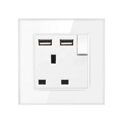 China SRAN BS 13amp residential/general purpose socket with switch tempered glass white panel 86mm*86mm usb 2 wall socket UK for sale