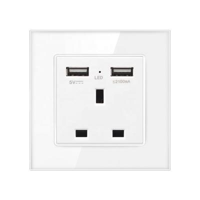 China SRAN 13A Electric Power Residential/General Purpose UK Wall Socket With 2 USB Outlet 5V 2.1A Tempered Glass White Panel 86mm*86mm USB Socket UK for sale