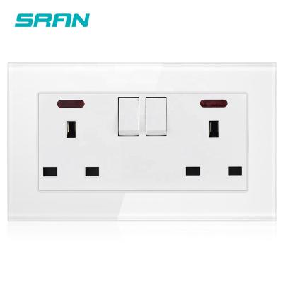 China USB Wall Socket UK Residential / General Purpose SRAN Manufacturer, 2 Gang 13A Dual USB With Switch LED Tempered Glass White Crystal Panel 146*86 UK for sale