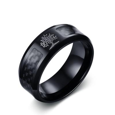 China R-279 TRENDY Fashion 8mm IP Polish Black Plating Mens Stainless Steel Rings Tree Of Life Carbon Fiber Ring for sale