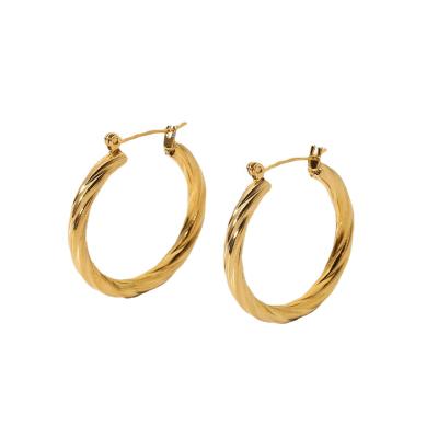 China Hiphop 18K Gold Plated Stainless Steel Circle Hoop Twisted Hoop Earrings Frosted Women's Twist Hollow Earrings for sale