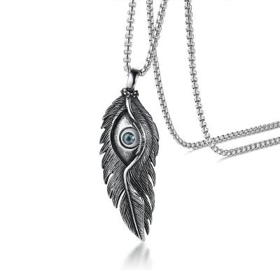 China Retro Vintage Jewelry Mens Stainless Steel Casting Feather Eye Necklace Pendants for sale