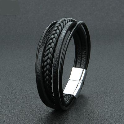 China Hiphop Jewelry Unisex Black Leather Braid Clasp Clasp Leather Punk Magnetic Bracelets Cuff Mens And Womens Jewelry for sale