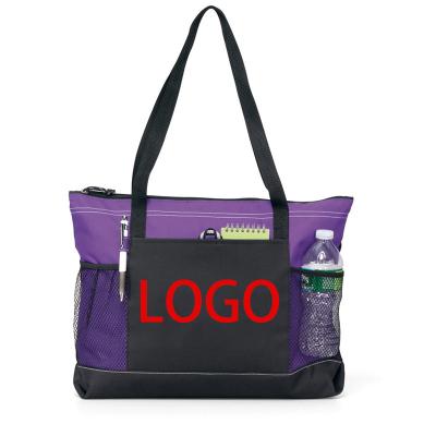 China Shopping Cheap Large Capacity Travel Exhibition Business Handle Carrier 600d Polyester Canvas Zippered Tote Bag With Mesh Pockets for sale