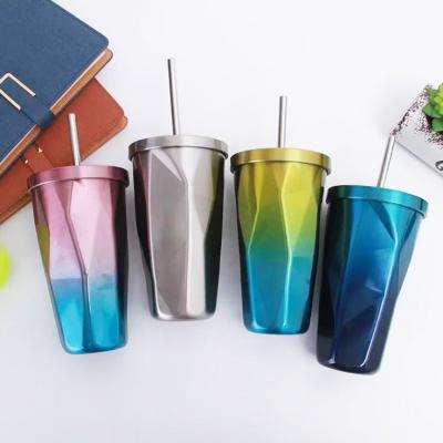 China Hot Disposable Ice/Cool Tube Cup Coffee Mugs Stainless Steel Drinking Bottle With Straw Irregular Rhombus Cup Mugs Coffee Tumbler for sale