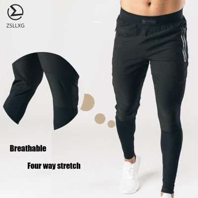 China High Quality Mens Breathable Sports Pants With Hole Stretch Fabric Gym Joggers Four Way Breathable Quick Dry Fitness Wear With Zipper Pockets for sale