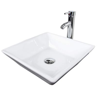 China Easy Clean Ceramic Vessel Sink Countertop Bathroom Sink White Square 16.5in With Faucet And Pop Drain for sale