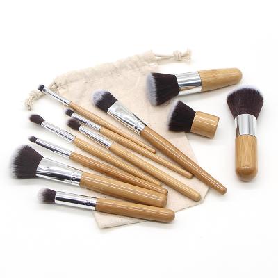 China Angular Blush Hot Sale Bamboo Handle 11Pcs Synthetic Hair Makeup Set Brush With Burlap Bag for sale