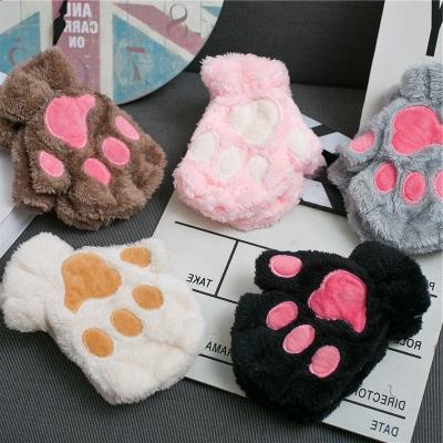 China Fashion Winter Cute Cat's Claw Gloves For Men And Women With Thick Heat Half-finger Plus Velvet Bear Paw Plush Gloves for sale