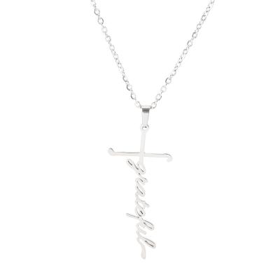 China Cheap Fashion Custom Stainless Steel Cross Necklace Inspired Words Trust Believe Grace Blessed Necklace Religious Jewelry Wholesale for sale