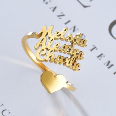 China CLASSIC Customized Names Heart Ring Stainless Steel Personalized Adjustable Letter Nameplate Triple Finger Ring For Couple Jewelry Gifts for sale