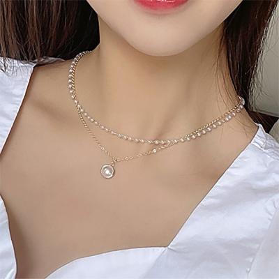 China FASHIONABLE Fashion Double Layer Pearl and Chain Necklace Silver Gold and Silver Two Layers Imitation Pearl With Chain Choker Necklace Women Wholesale for sale