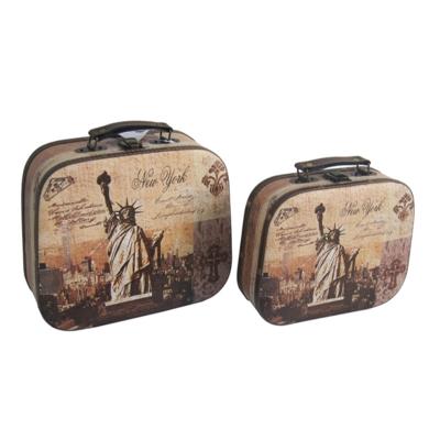 China 2021 Sustainable Antique New York City Set 2 Nested Plywood With PVC Printing Round Storage Suitcase for sale