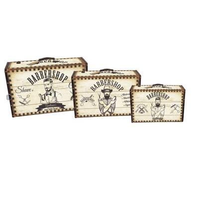 China Handmade Highly Durable Home Decor Ornament Vintage Rectangle Set Of 3 Barber Shop Design Wooden Storage Suitcase for sale