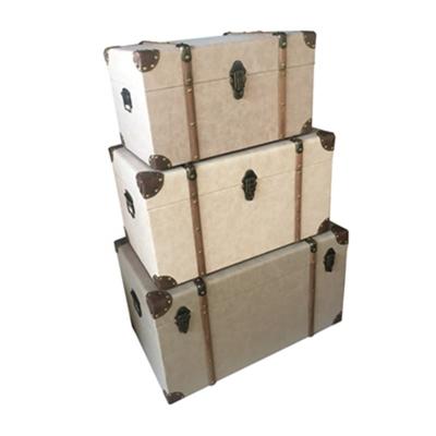 China 2020 Hot Selling Wooden Base Antique Rectangle Products Viable Home Decor Home Ornament PU Set Of Storage 3 Trunk for sale