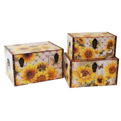 China 2020 Products Home Decorative Design Rectangle Sustainable Hot Selling Sunflower Trunk Canvas Wood Print Set Of Storage 3 Trunk for sale