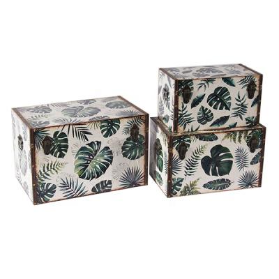 China 2020 Hot Selling Sustainable Design Rectangle Home Decor Products Green Plant Ornament Wooden Base Canvas/PVC Print Set Of Storage 3 Trunk for sale