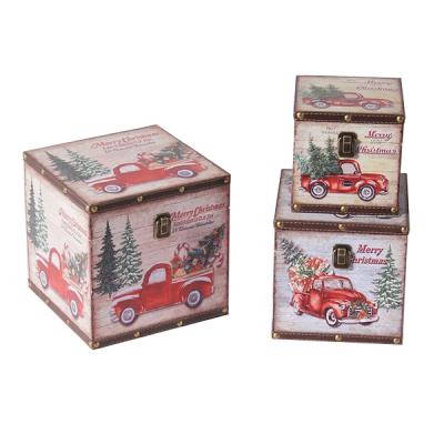 China Design Handmade Home Cube Christmas Ornament Wooden Base Canvas/PVC Print Set Storage Box 3 for sale