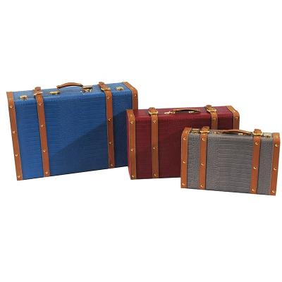 China Sustainable Fashion Style Nested Home Decorative Set Of 3 Wood With PU Luggage Storage Suitcase for sale