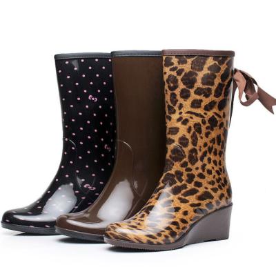 China Waterproof Zipper Women PVC Rain Boots Custom Printing Bow High Heel Rain Boots for sale