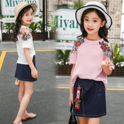 China Cute Long Sleeves Embroidery Floral Off Shoulder 2pcs Skirt Kids Sets Clothes Imported China for sale