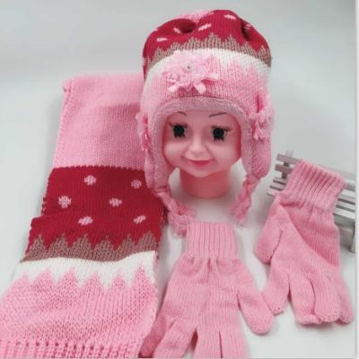 China Lovely Soft Soft Feeling Kids Babies Cable Knit Earflap Hat Buckle Scarf Gloves Mittens Set for sale