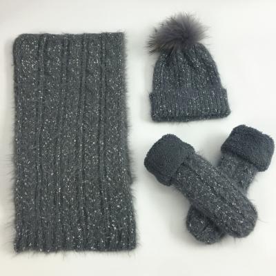 China Soft Soft Feeling Gray Acrylic Winter Warm Knitted High Quality Beanie Hat Scarf Glove Set for sale