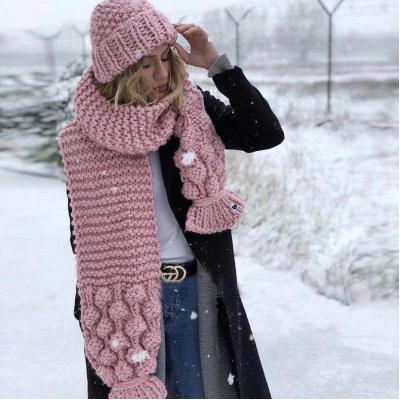 China Long 2018 Warmest Cable Cotton Knit Gloves Winter Women Scarf Hats And Cap Glove Sets for sale