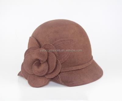 China Picture women brown color cloche hat, handmade wool felt hat, party hat with felt flower decoration for sale