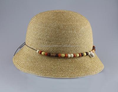 China Picture Girls Natural Color Paper Straw Hat , Cloche Hats Decorated With Beads And Shells for sale