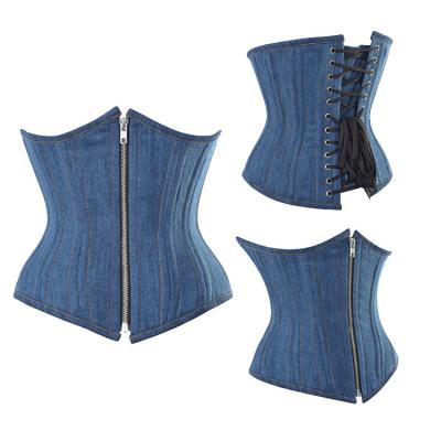 China Denim Fashion Style Antibacterial Blue Underbust Lift Up Lace Up Lattice Bustier for sale