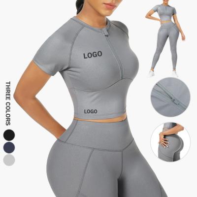 China Customs Workout Half Zipper Antibacterial Yoga Crop Top Two Piece Women Fitness Sets for sale