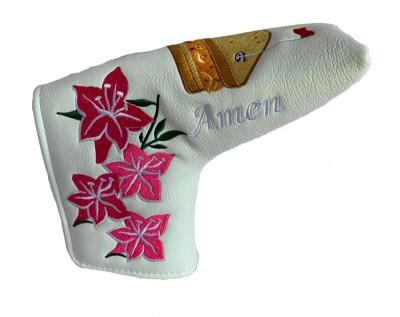 China Custom Golf Leather Strong Magnetic Putter Blade PU Cherry Blossoms White Embroidery Cover Blade Putter Head Head Cover for sale