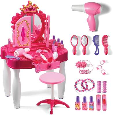 China Battery (not included) pretend play mirror and stool kids makeup vanity table make up beauty salon set with lights and sounds fashion hair and blow dryer for sale