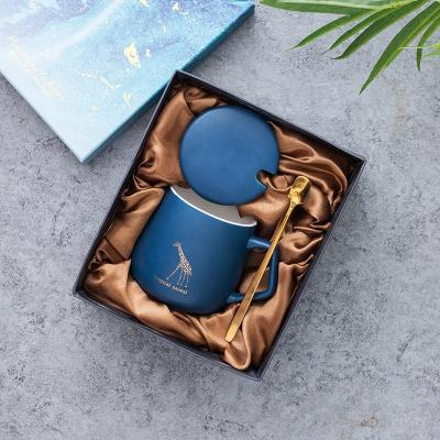 China Sustainable OEM Custom Logo Matte Wedding Luxury Gift Ceramic Coffee Mug Cup Box Set With Handle Lid And Spoon for sale