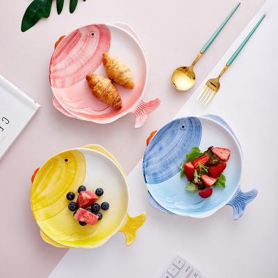 China Sustainable Cute Hand-painted Ceramic Cartoon Design Soup Plate And Fruit Salad Bowl Dinnerware Set For Kid for sale