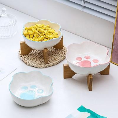 China Automatic Wholesale Custom Cartoon Ceramic Pet Cat Dog Feeding Water Bowl With Wooden Stand For Pet for sale