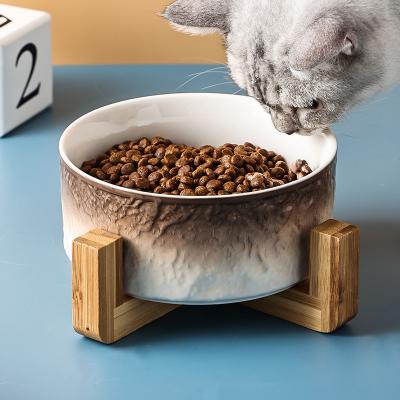 China New Automatic Wholesale Ceramic Feeding Pet Cat Bowls With Wooden Double Design Large Capacity Bowl Stand for sale