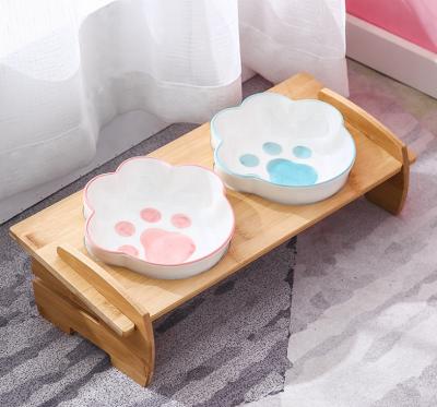 China Wholesale Cute Automatic Ceramic Cat And Dog Food Elevated Bowl Pet Water Bowl With Wooden Stand Feeder for sale