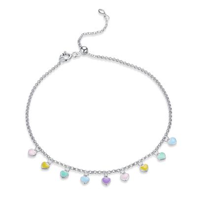 China 925 Sterling Silver Colorful Rainbow Heart Nickel Free Dangle Chain Anklet For Women Summer Foot Bracelet for sale