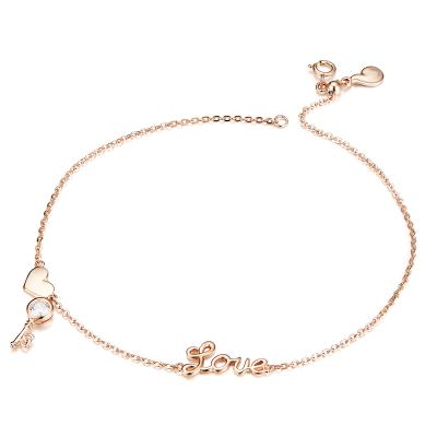 China Lady's Nickel Free S925 Sterling Silver Key Anklet Rose Charming Heart Shaped Gold Foot Chain for sale