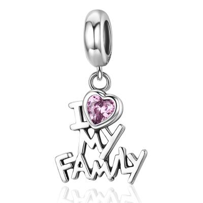 China Elegant Charming I Love My Family S925 Sterling Silver Pendant Accessories Inlaid Pink Heart Gem Bracelet Charms for sale