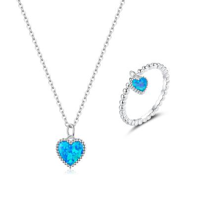 China Elegant Charm Fashion Charming Blue Heart Gemstone Ring 925 Silver Girls Necklace Jewelry Set for sale