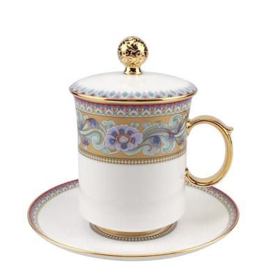 China Stechcol Sustainable Fine Bone China Customized Color Enamel Ceramic MUG w/ Lid & Saucer Set for sale