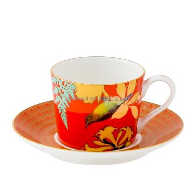 China 2023 New Arrival Luxury Bird Flower Ceramic Coffee Tea Cup And Saucer Customized Fine Bone China Set 250ml for sale