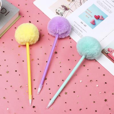 China 100% Customized Cute Eco-friendly Kawaii Solid Color Plush Ball Pen Stationery Pom Pom Shape Plush Pens for sale