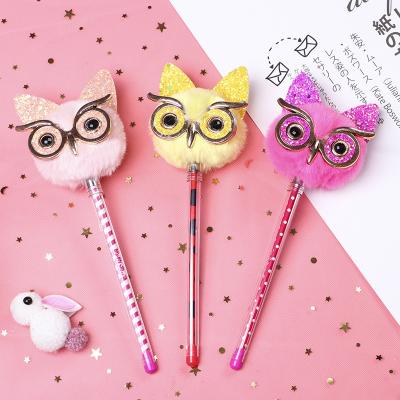 China Normal Hot Cartoon Owl Plush Pen Cute Fluffy Animal Pom Pom Animal Doll Pen Sale for sale