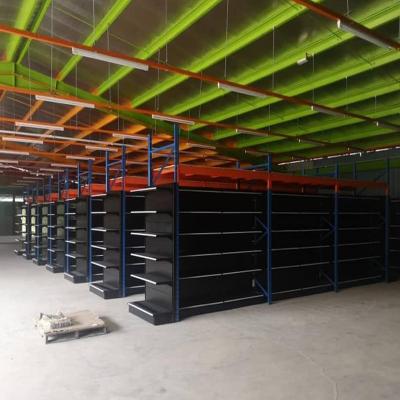 China Customized Dark Black Double Sided Shelving Double Sided Gondola Shelving Supermarket for sale