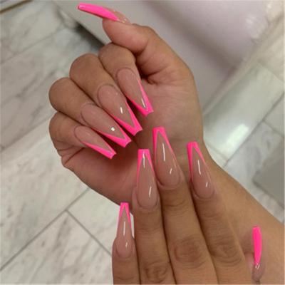 China Meaterial Large V Shape Glitter Flat Head Nude Ballet Rose Eco-friendly Fake Nails Long Curve Artificial Nails for sale